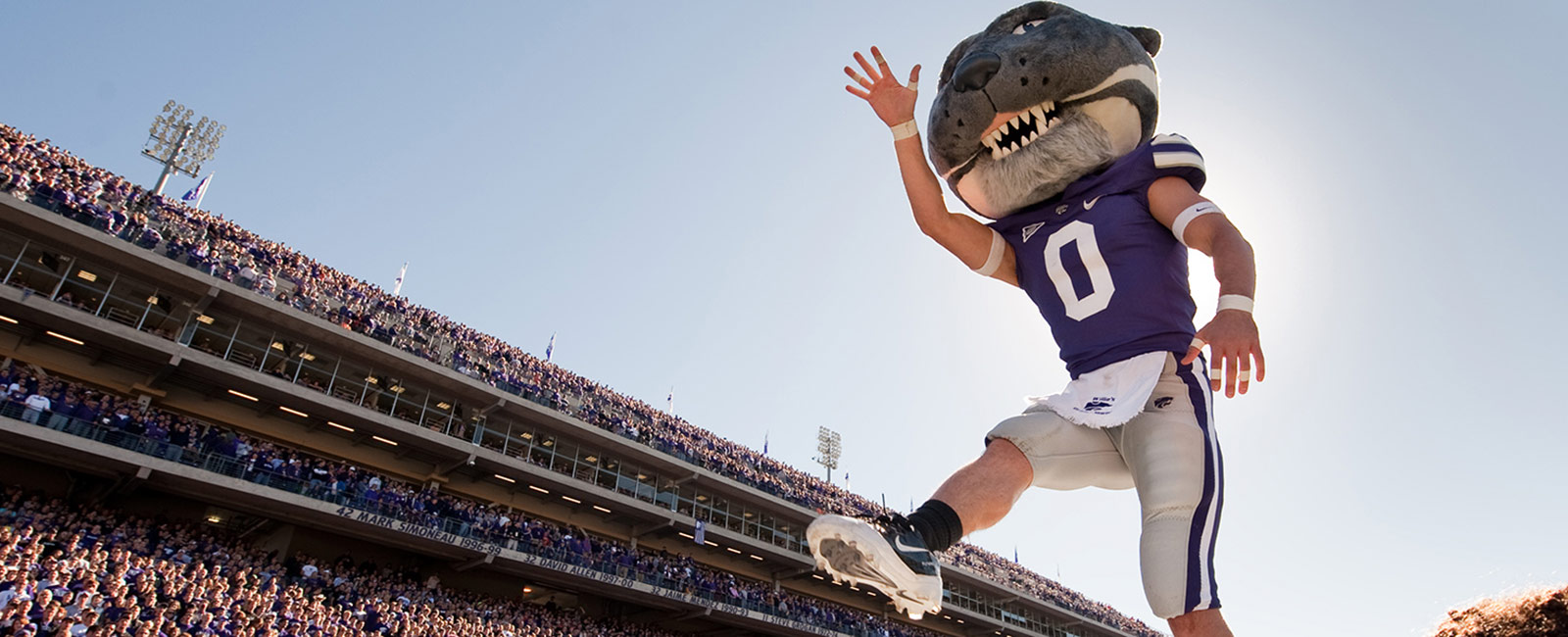 K-State's mascot, Willie the Wildcat, entertains the crowd at Bill Snyder Family Stadium during a football game.