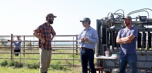 Logan talking with others after working cattle.